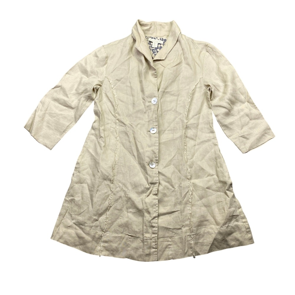 Saint Tropez West Tan 100% Linen Longline Jacket Raw Edge Seam Womens Small